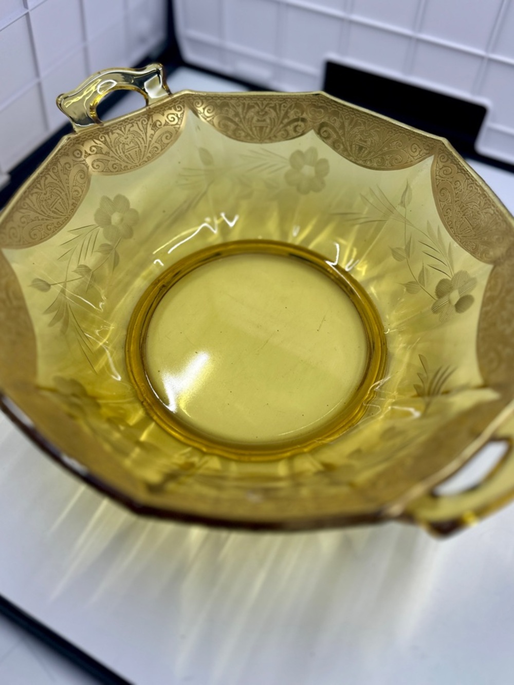 Antique Amber Etched Floral Serving Bowl - Depression Glass with Gold Scallop